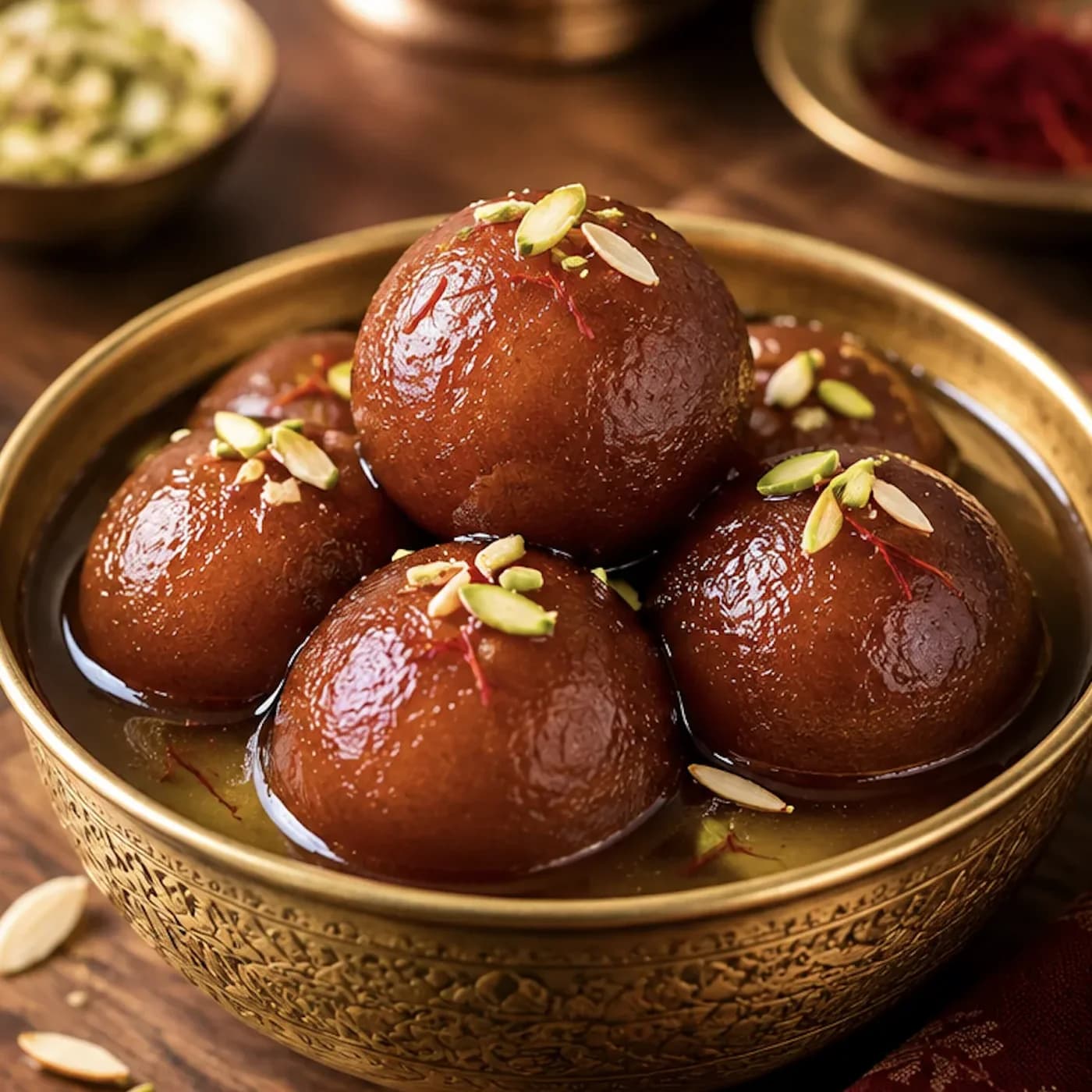 Golden gulab jamun in rose-scented syrup, garnished with pistachio and saffron