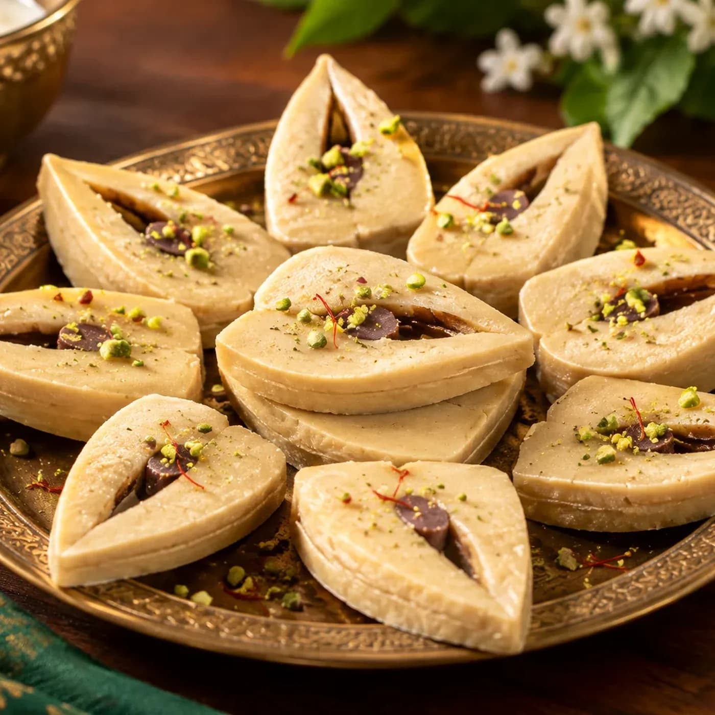 Hilsa-belly shaped ilish peti sondesh pieces topped with pistachio and saffron
