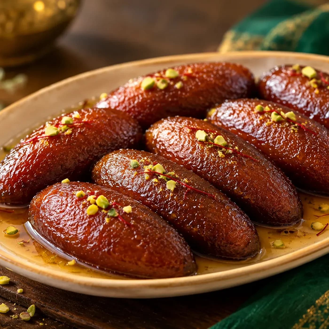 Dark syrup-soaked kalojam sweets arranged on a plate