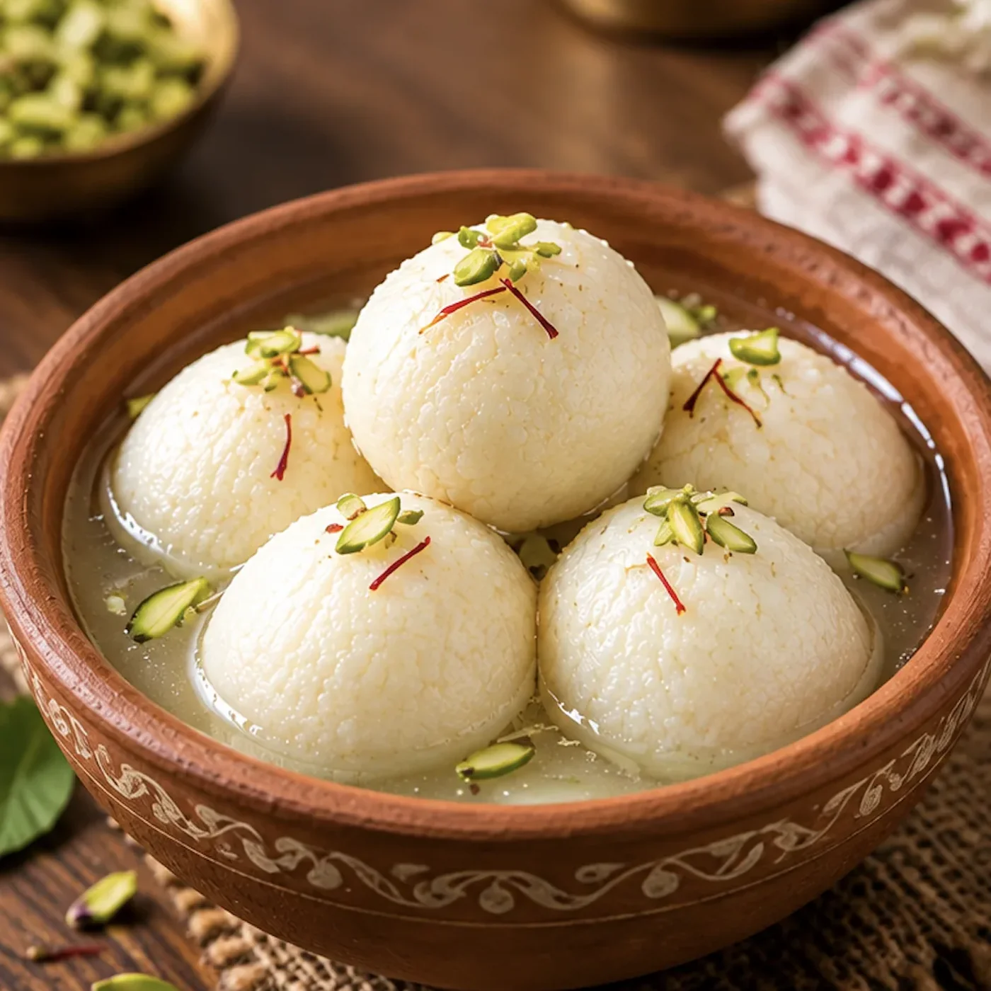 Fresh spongy roshogolla soaked in light sugar syrup, served in a clay bowl